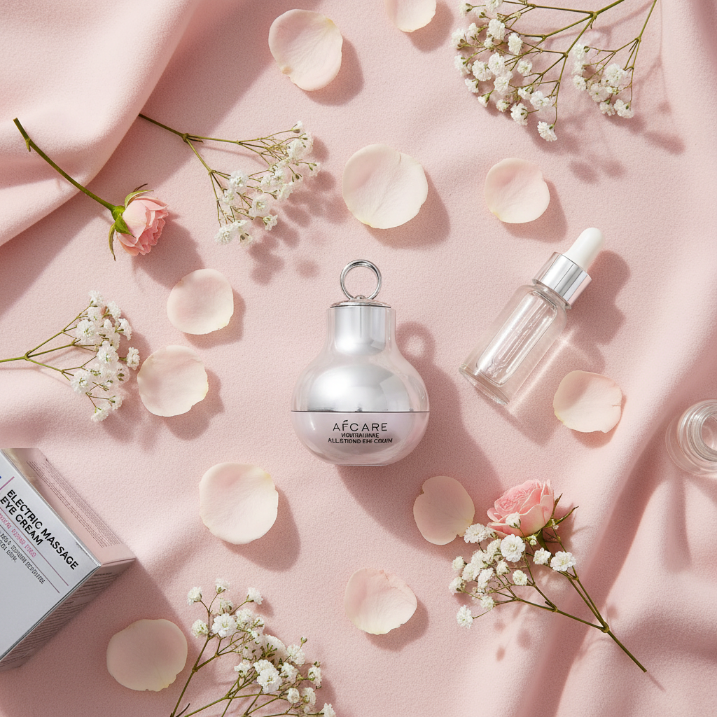 NuraEye collagen eye cream flat lay on blush pink background with white flowers