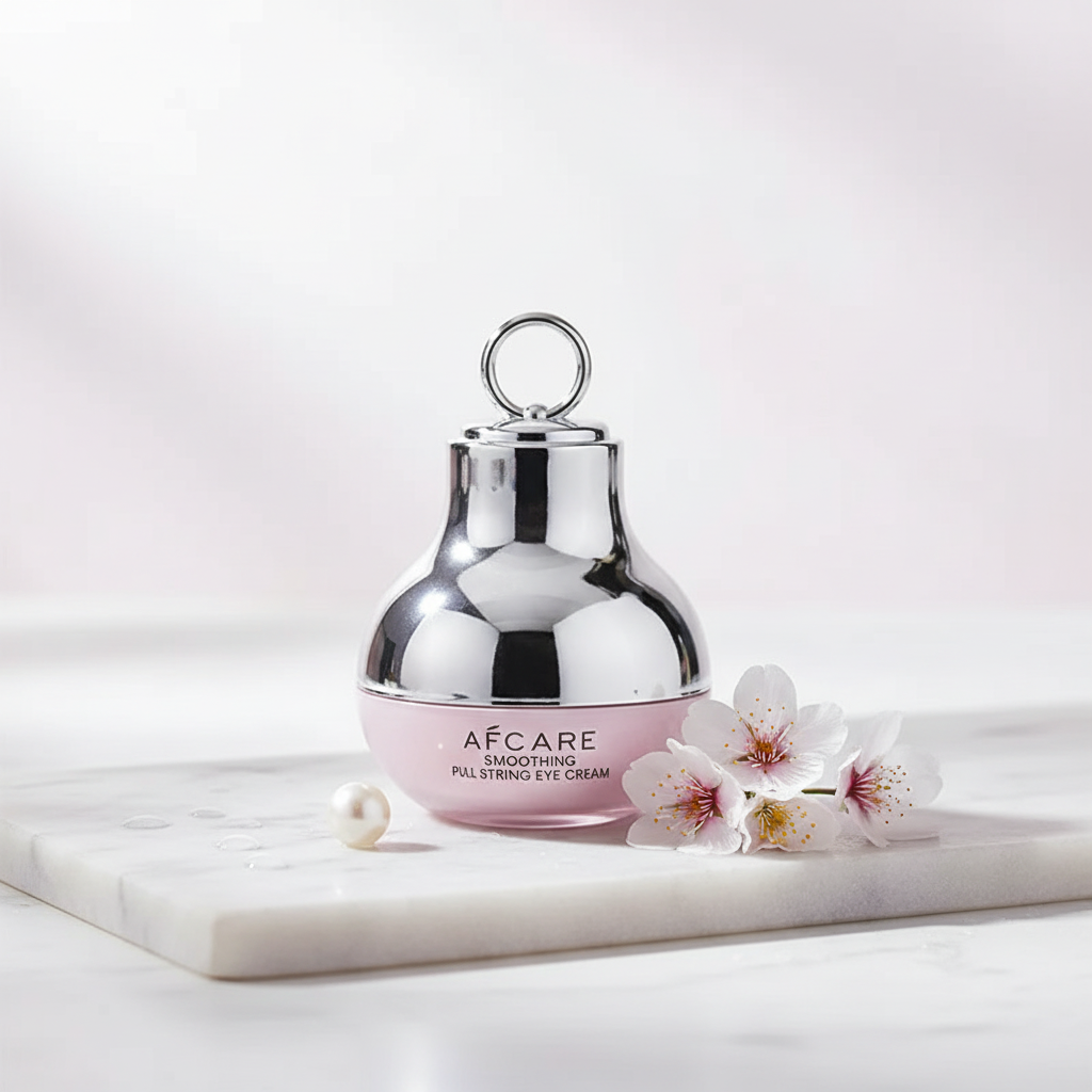 NuraEye advanced collagen eye cream jar on white marble with white flowers