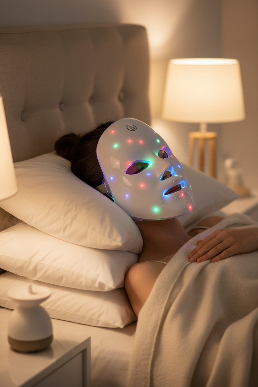 Woman relaxing wearing LumiMask Pro LED light therapy face mask