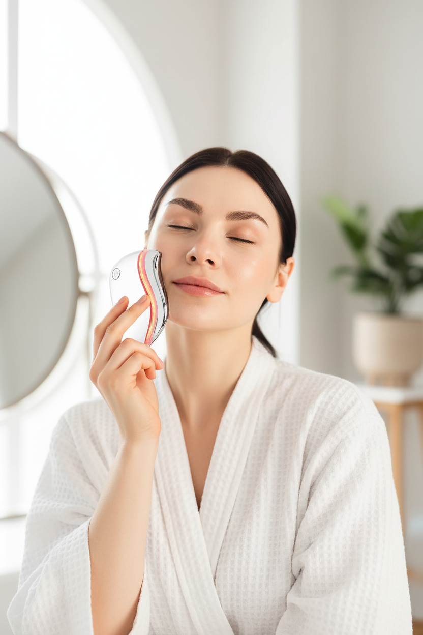 Woman correctly using GlowRituel massager with curved edge along cheekbone