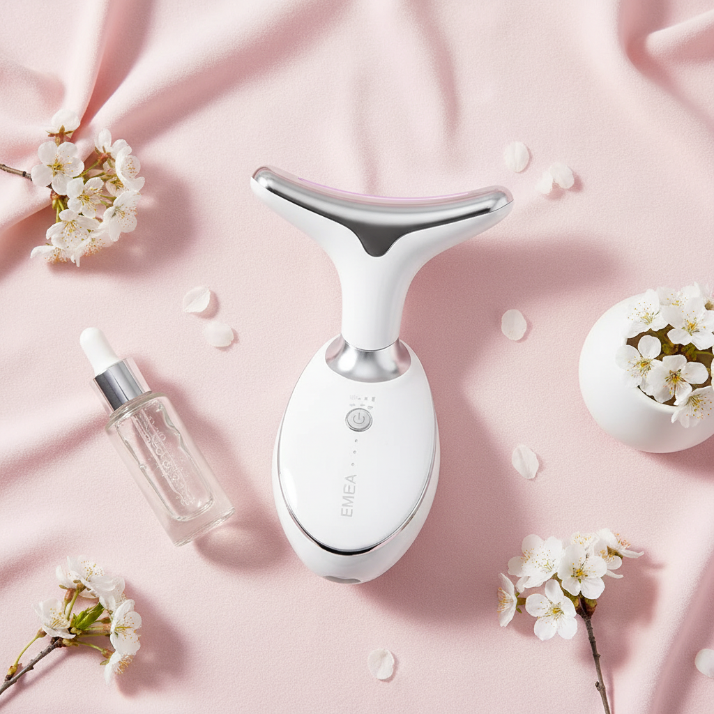 NuraLift face lifting device flat lay with blush pink background and white flowers