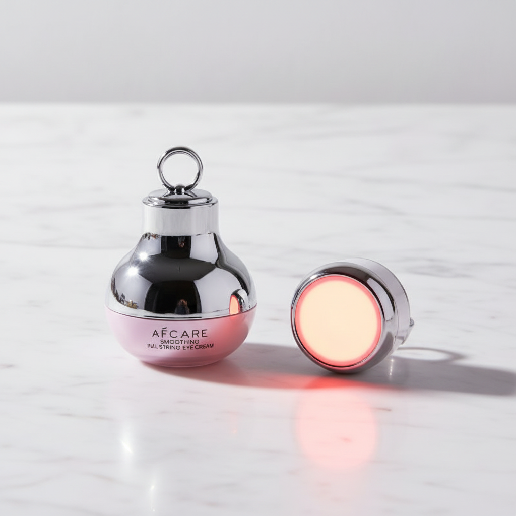 NuraEye advanced collagen eye cream with small round red LED light therapy device set