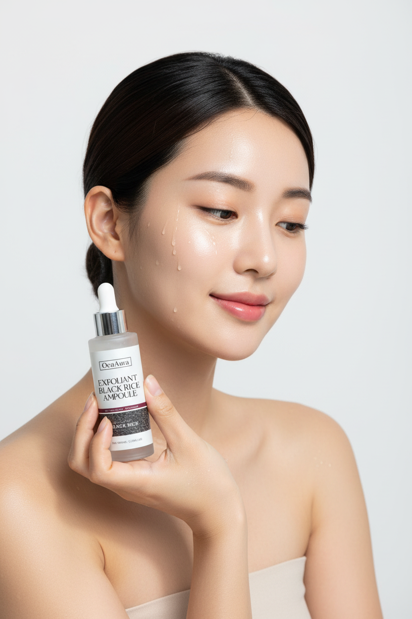 Woman with glowing skin applying NuraGlow rice brightening serum