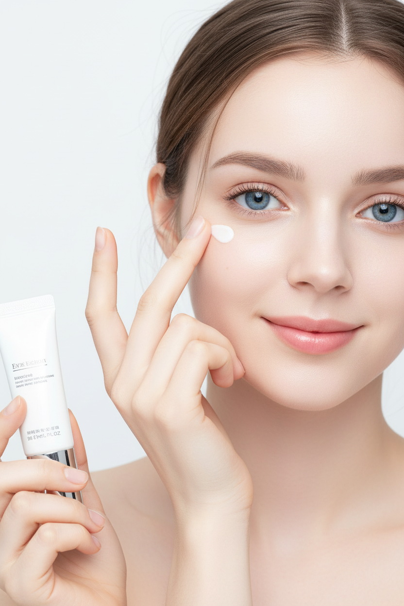 Woman applying NuraEye collagen eye cream under eye for dark circles and puffiness