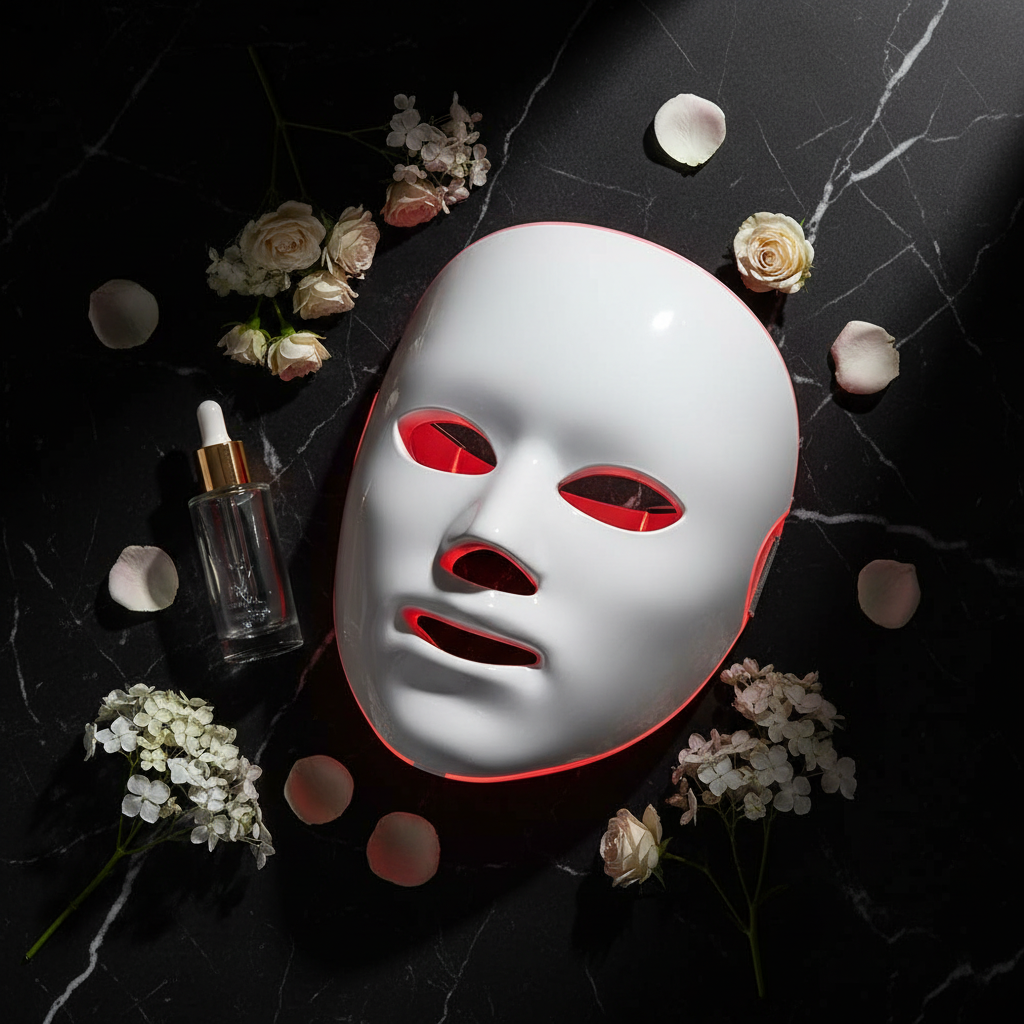 LumiMask Pro LED face mask luxury flat lay with flowers and serum
